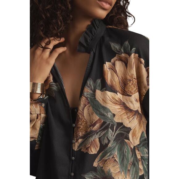 Pilcro Tavi Button-Down Floral Blouse Black Tan Yellow Size MP (Anthropologie) - Picture 3 of 7